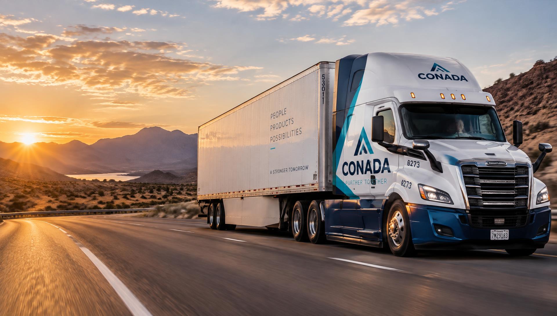 CONADA branded semi-truck pulling a 53-foot dry van along a mountain highway at sunset